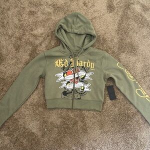 Ed Hardy Olive Green Cropped Hoodie